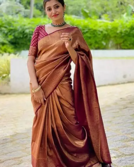 Bright And Elegant Copper Saree With Red Blouse