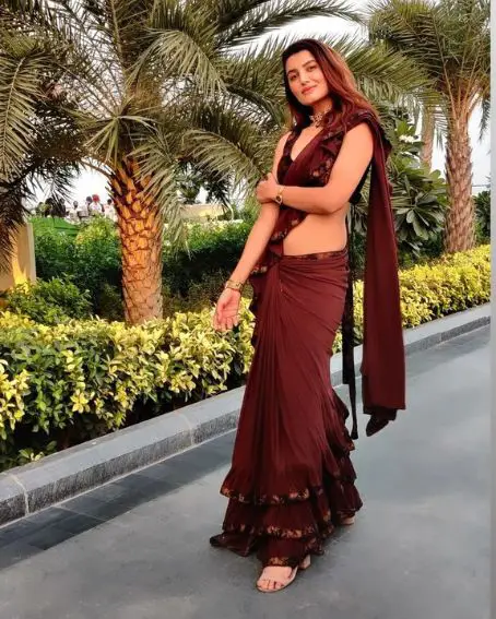 Ruffled Pattern Copper Color Saree With Blouse