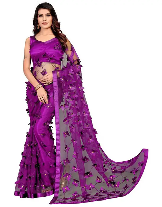  Applique Bollywood Net Purple Saree