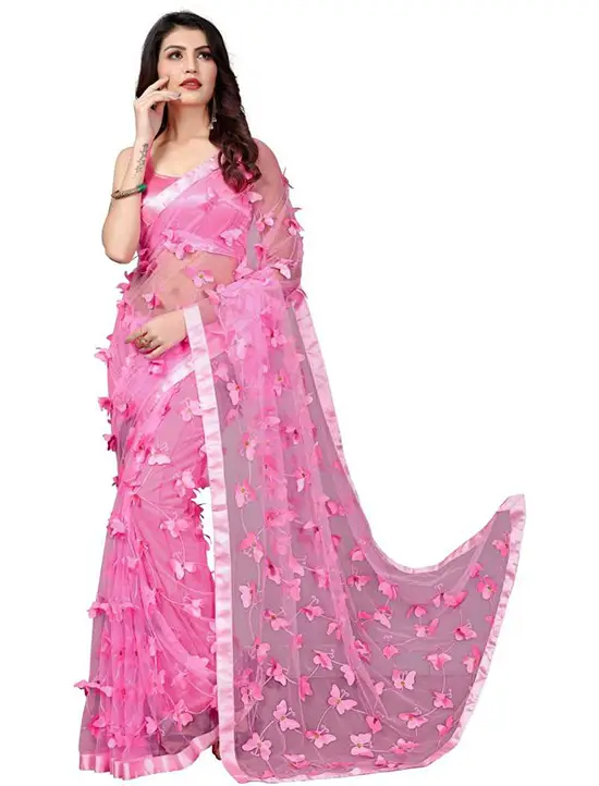 Applique Fashion Net Pink Saree