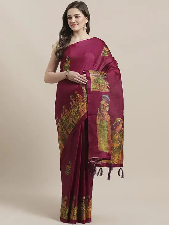 Batik Print Mysore Silk Burgundy & Beige Saree