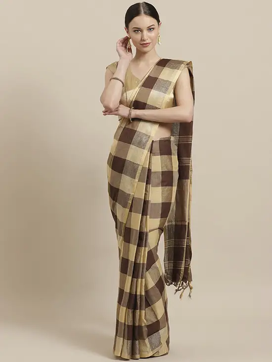 Checked Coffee Brown & Beige Saree
