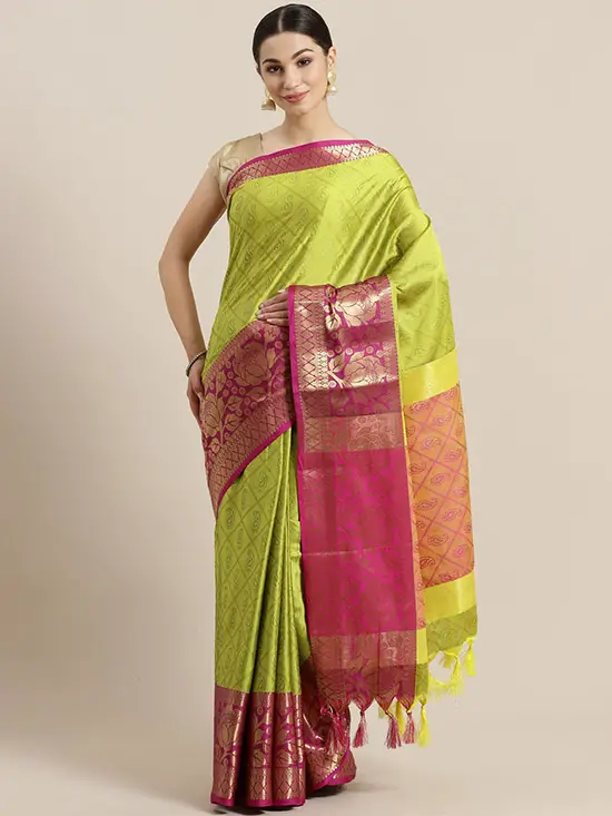 Checked With Paisley Print  Lime Green & Pink Saree