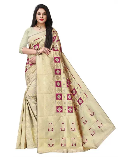 Checkered Banarasi Jacquard, Art Silk Cream Colour Saree