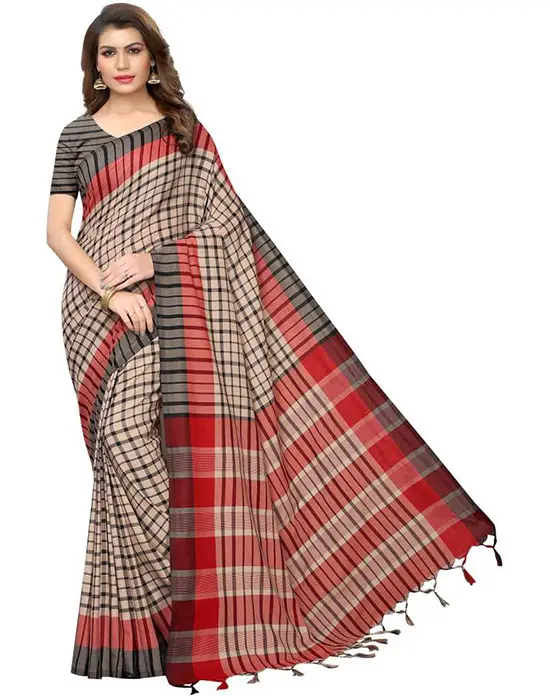 Checkered Venkatagiri Cotton Silk Saree  Beige