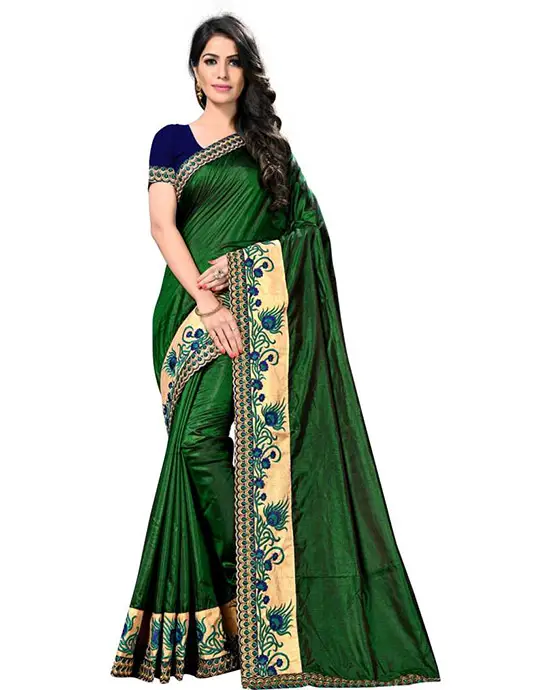 Color Block, Embroidered, Dyed, Solid Venkatagiri Cotton Silk Saree  Green