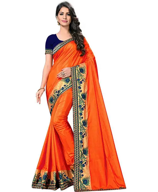 Color Block, Embroidered, Dyed, Solid Venkatagiri Cotton Silk Saree  Orange