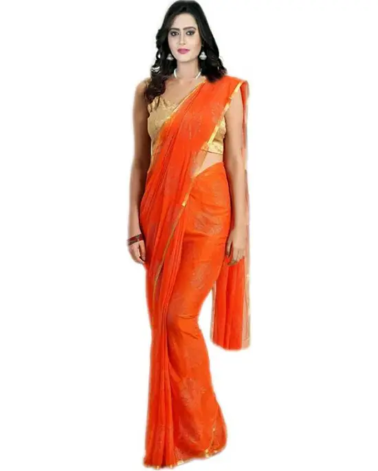 Embellished, Floral Print Daily Wear Chiffon Orange Saree