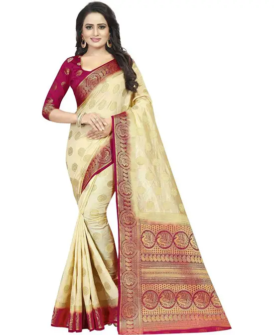 Embellished Kanjivaram Cotton Silk Cream Colour Saree