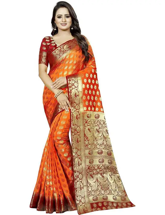 Embellished Kanjivaram Cotton Silk Orange Saree
