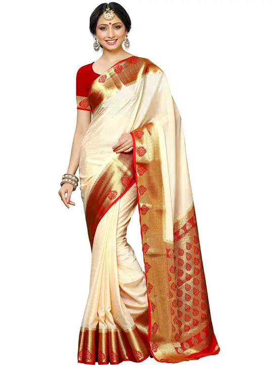 Embellished Kanjivaram Poly Crepe Cream Colour Saree