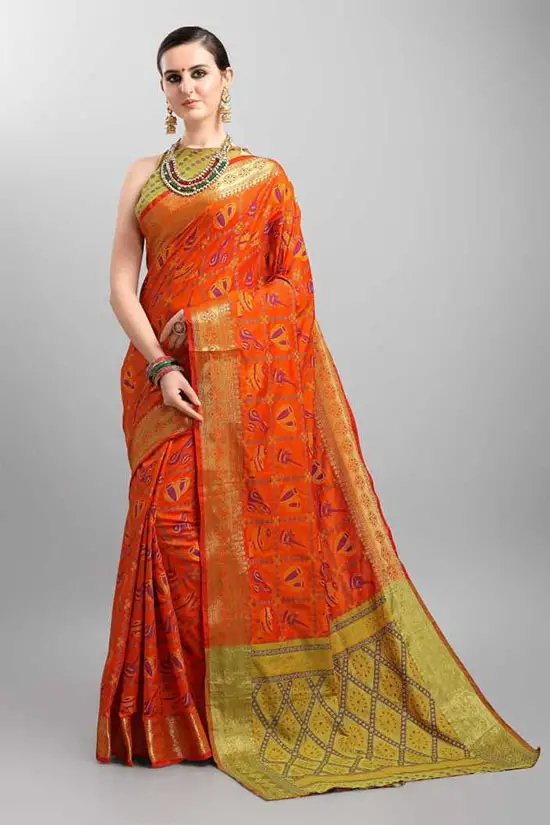 Embellished Patola Silk Blend Orange Saree