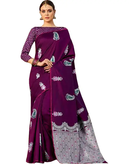 Embellished Tanchoi Silk Blend Purple Saree