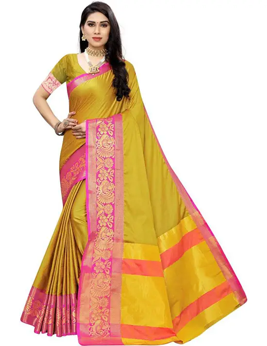 Embellished, Woven Banarasi Cotton Silk Gold Color Saree