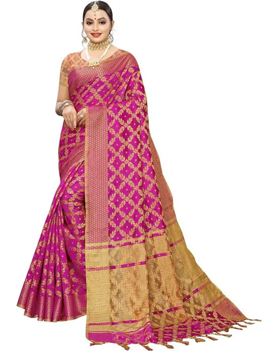 Embellished, Woven Kanjivaram Silk Blend, Jacquard Pink Saree