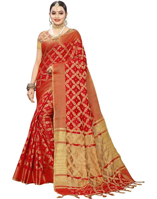 Embellished, Woven Kanjivaram Silk Blend, Jacquard Red Saree