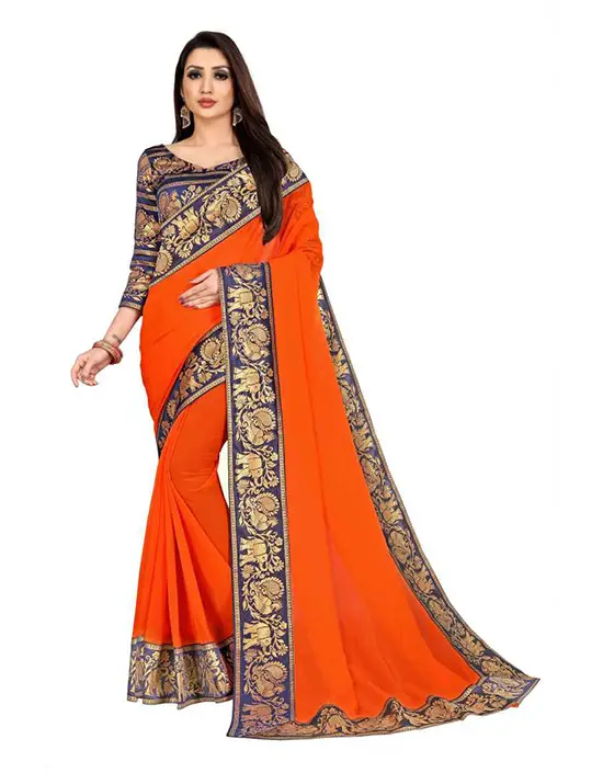 Embellished, Woven, Plain Bollywood Chiffon Orange Saree