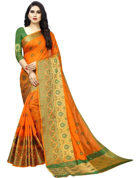 Embroidered Banarasi Art Silk, Cotton Silk Orange Saree