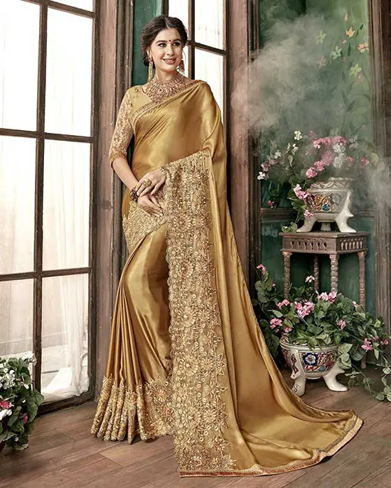  Embroidered Bollywood Lycra Blend Gold Color Saree