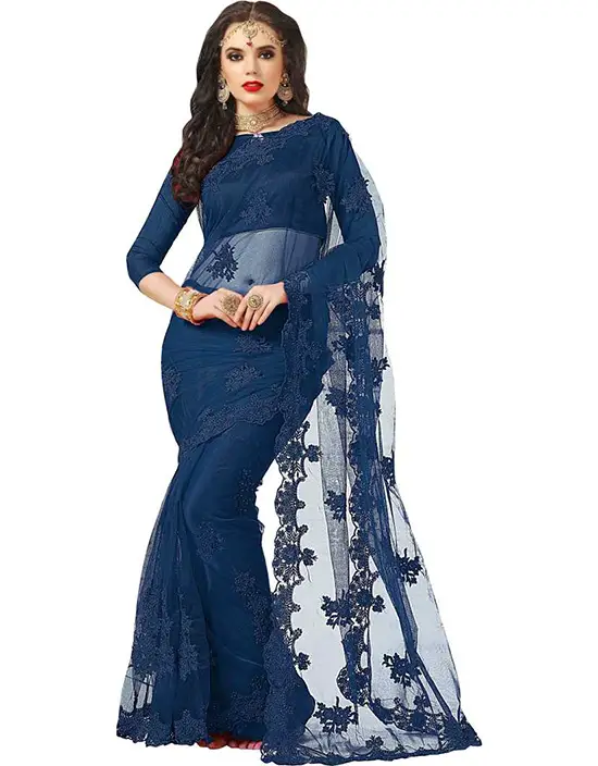 Embroidered Bollywood Net Navy Blue Saree