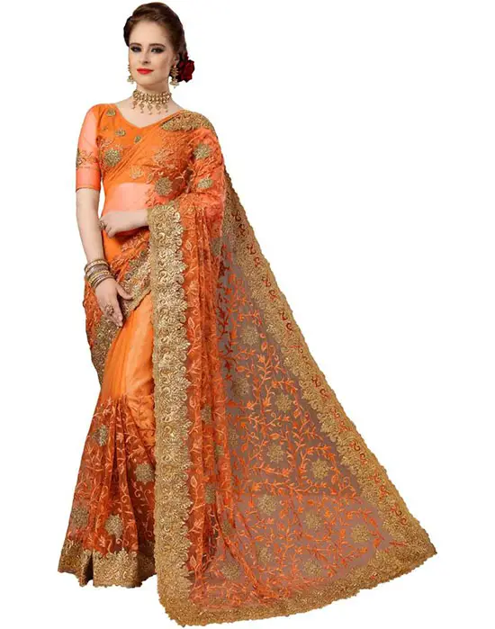 Embroidered Bollywood Net Orange Saree