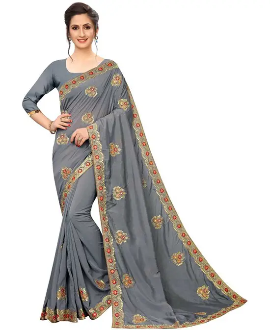 Embroidered Bollywood Poly Georgette Grey Color Saree