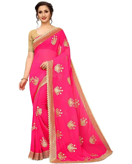 Embroidered Bollywood Poly Georgette Pink Saree