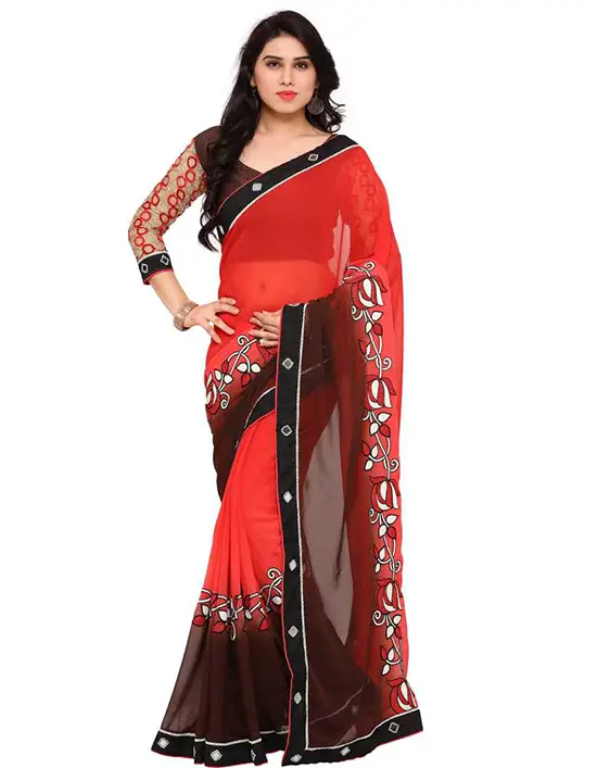 Embroidered Bollywood Poly Georgette Red Saree