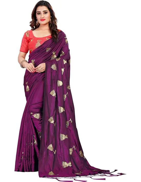 Embroidered Bollywood Poly Silk Purple Saree