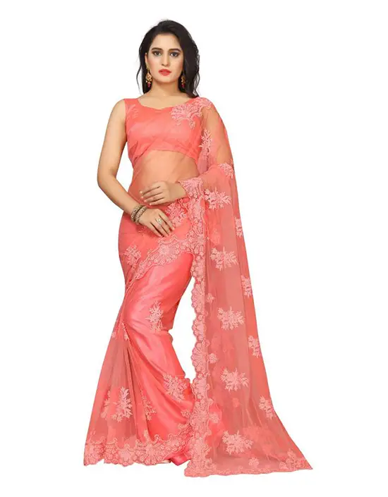 Embroidered Bollywood Satin Blend, Cotton Blend Peach Color Saree