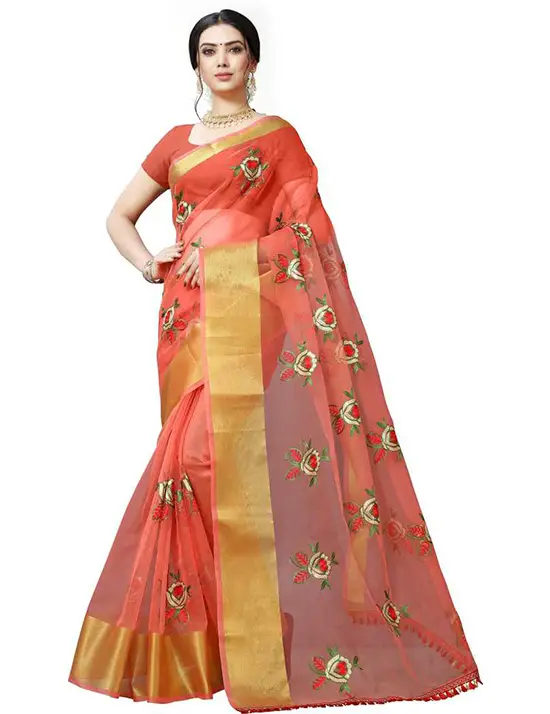 Embroidered Bollywood Silk Blend Peach Color Saree