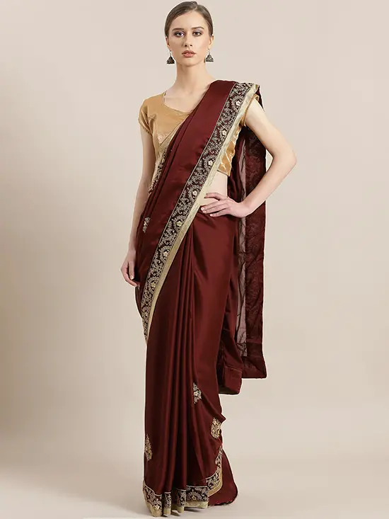 Embroidered Coffee Brown & Golden Saree