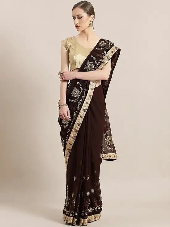 Embroidered Coffee Brown & Golden Saree