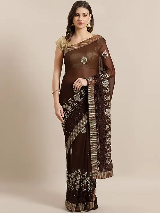Embroidered Coffee Brown Saree