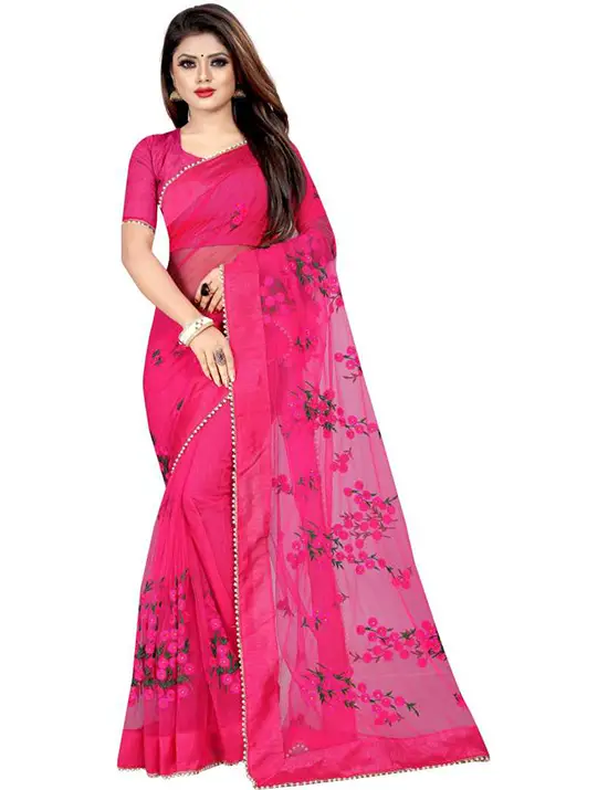 Embroidered Daily Wear Net Pink Saree