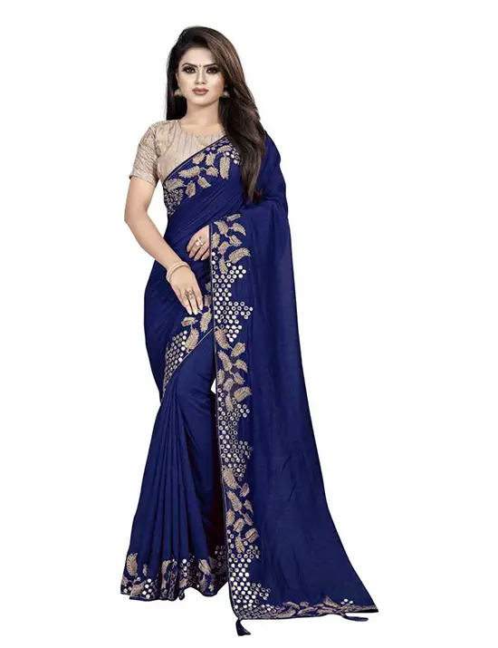  Embroidered, Embellished Bollywood Pure Silk Navy Blue Saree