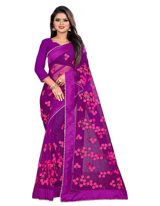 Embroidered Fashion Net Purple Saree