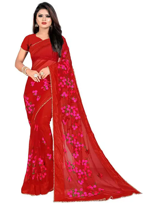 Embroidered Fashion Net Red Saree