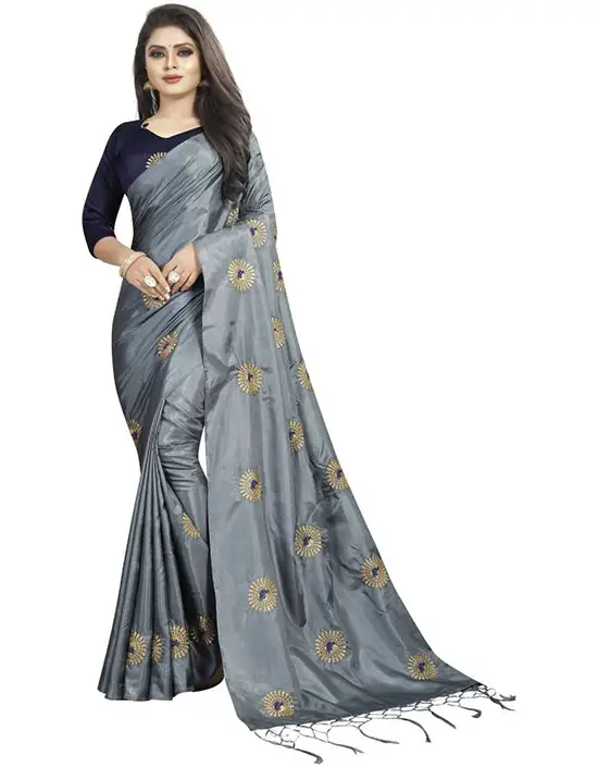 Embroidered Fashion Poly Silk Grey Color Saree