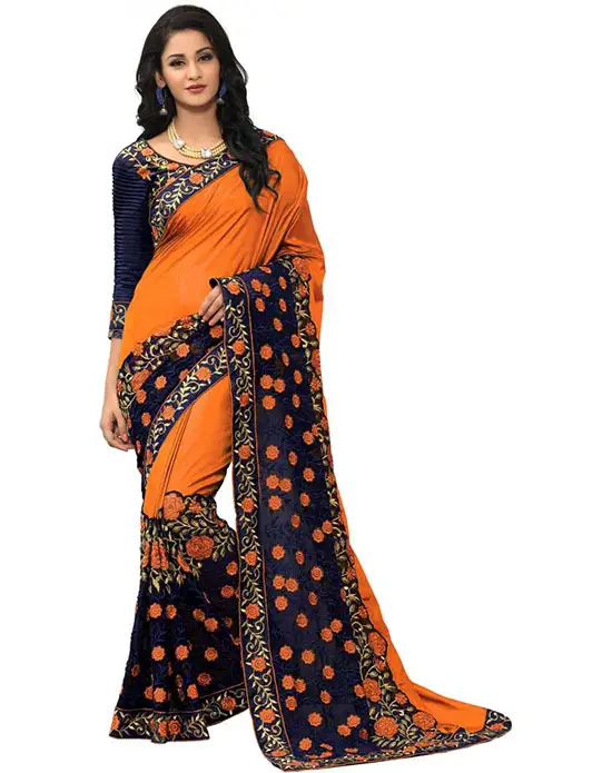 Embroidered Fashion Poly Silk Orange Saree