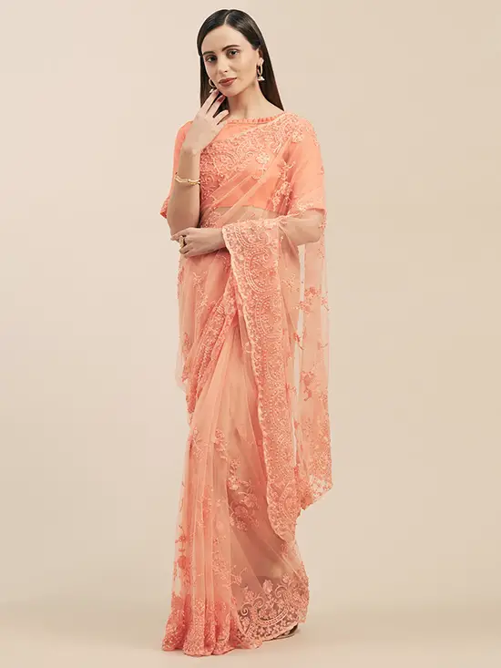 Embroidered Net Peach Color Saree
