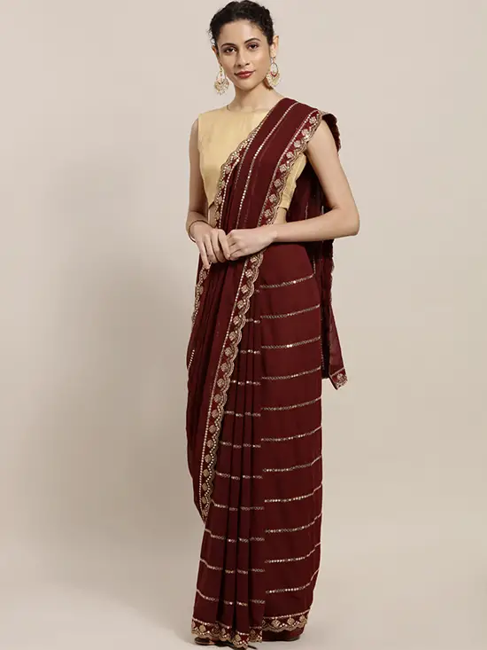 Embroidered Poly Georgette Burgundy & Golden Saree