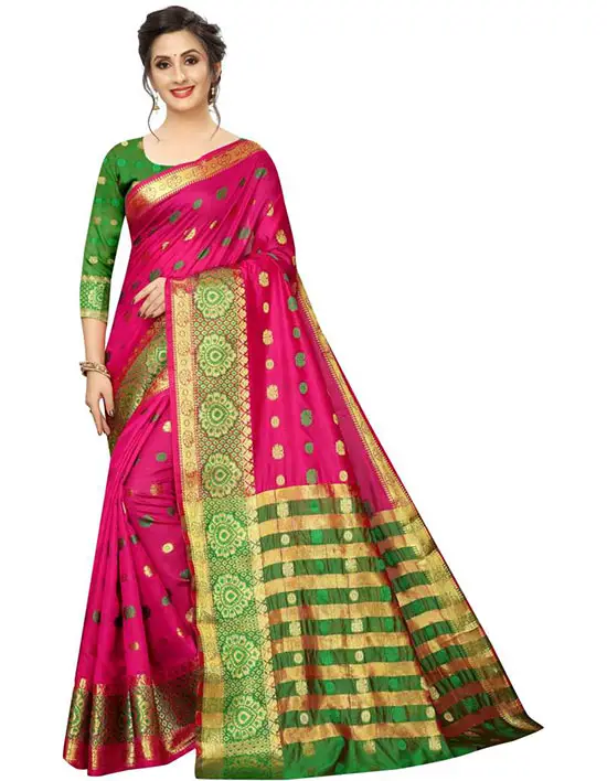 Embroidered, Woven Banarasi Cotton Blend, Poly Silk Pink Saree