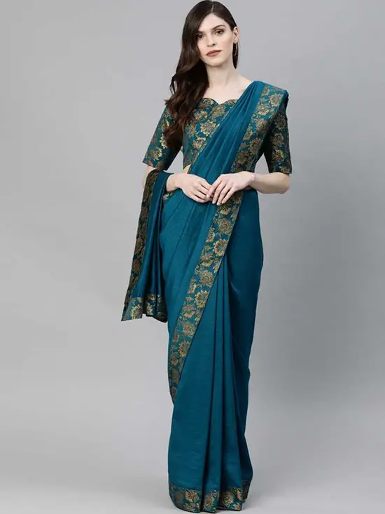 Fashion Silk Blend Teal Blue Saree