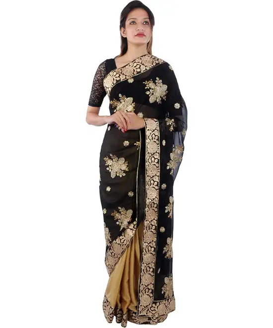 Ganga Jamuna Georgette, Silk Blend Saree Gold, Black