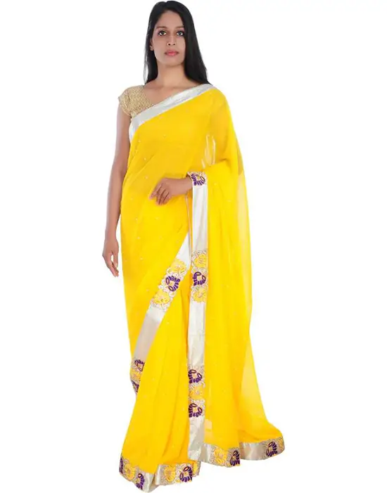Ganga Jamuna Georgette, Silk Blend Saree Yellow