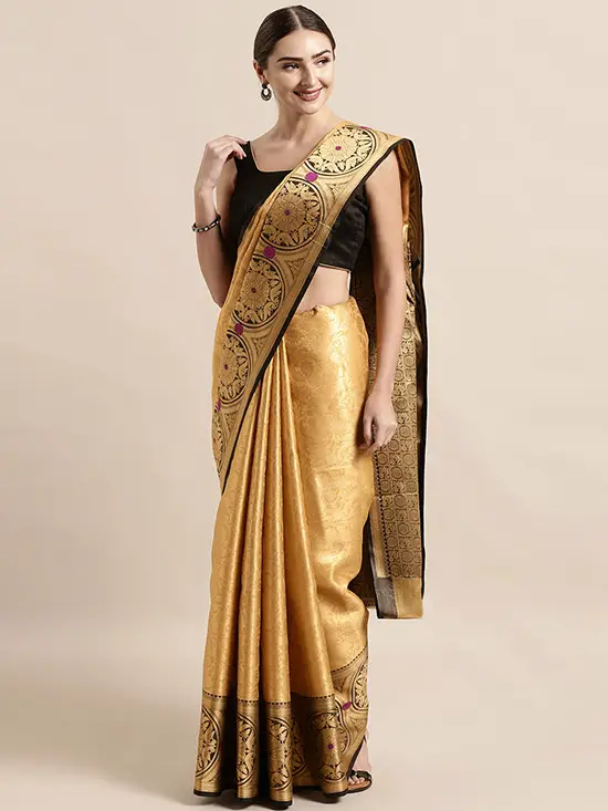 Gold-Toned & Black Silk Blend Woven Design Kanjeevaram Saree