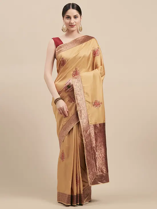 Gold-Toned & Maroon Embellished Poly Silk Saree