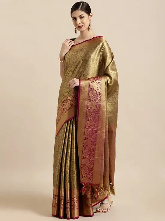  Golden & Pink Silk Blend Woven Design Kanjeevaram Saree