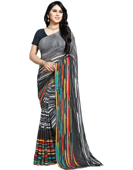 Graphic Print Daily Wear Georgette Grey Color Saree